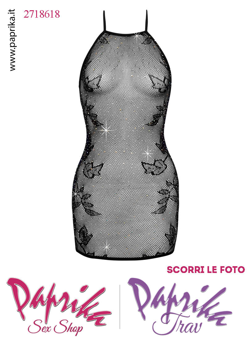 Abito Clubwear Sexy Corto Aderente Trasparente Rete Lavorata Spalline Sottili