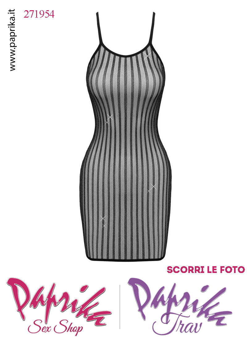 Abito Clubwear Sexy Corto Aderente Trasparente Linee Verticali Schiena Nuda