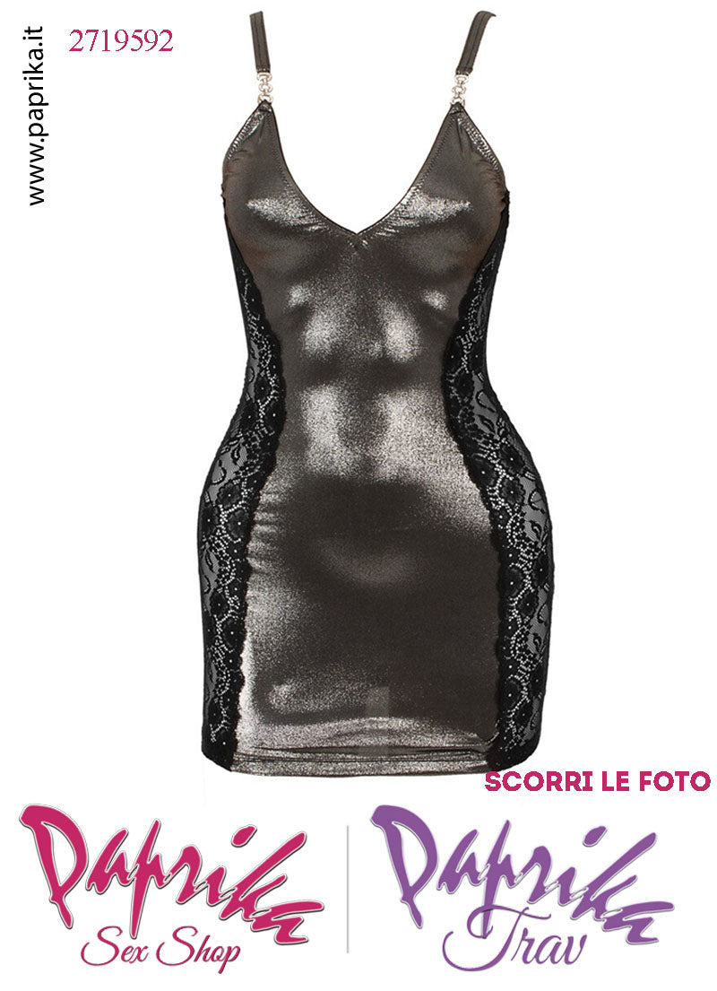 Abito Sexy Corto Aderente Argento Ampia Scollatura Inserti Pizzo Nero