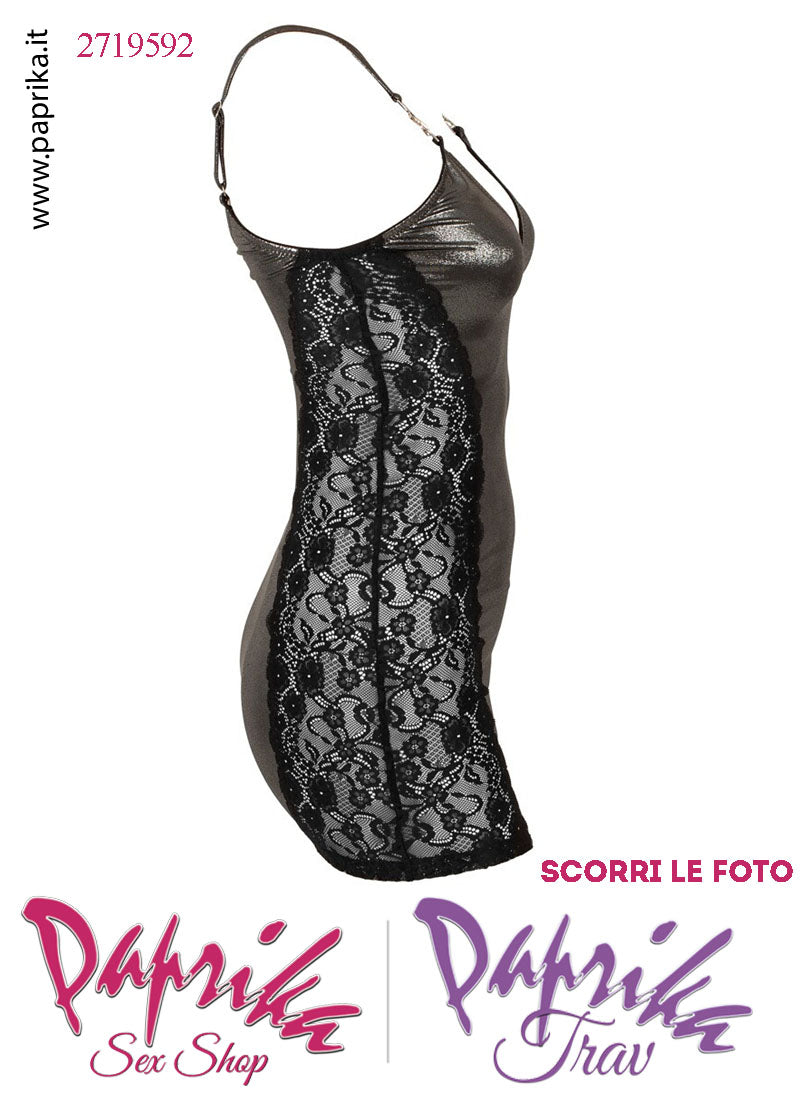 Abito Sexy Corto Aderente Argento Ampia Scollatura Inserti Pizzo Nero