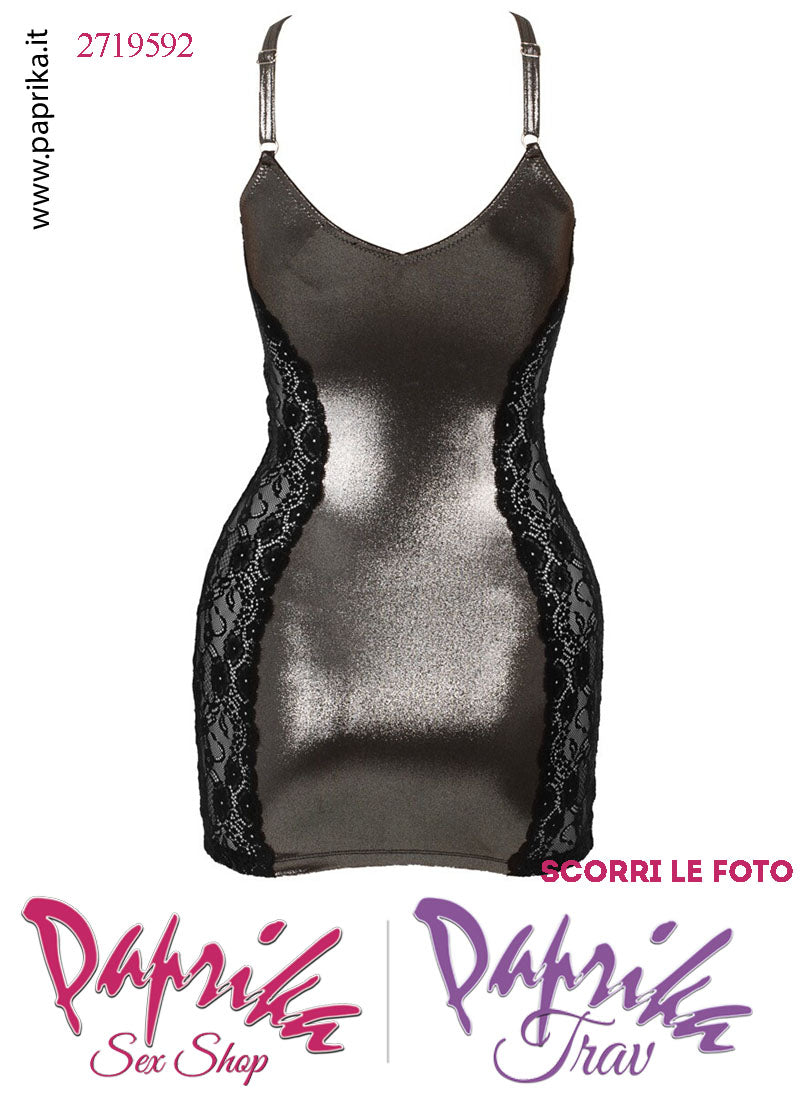 Abito Sexy Corto Aderente Argento Ampia Scollatura Inserti Pizzo Nero