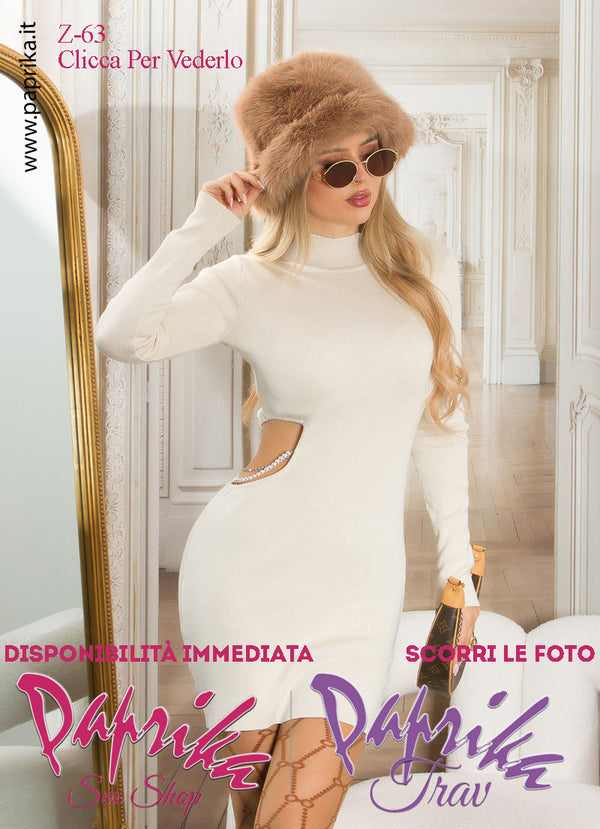 Abito Corto Vestitino Beige Sexy Maniche Lunghe Apertura Laterale Perle Strass