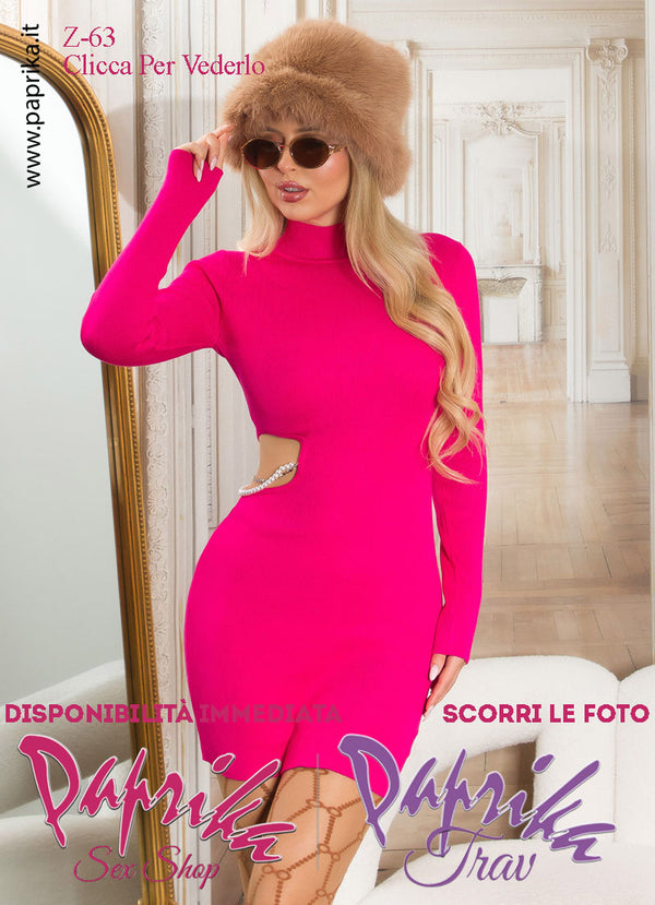 Abito Corto Vestitino Fucsia Sexy Maniche Lunghe Apertura Laterale Perle Strass