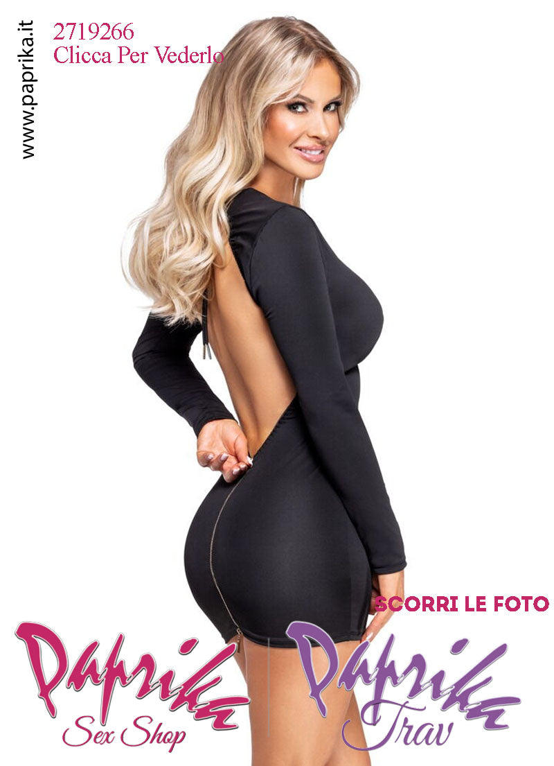 Abito Sexy Corto Aderente Schiena Nuda Maniche Lunghe Cerniera Oro