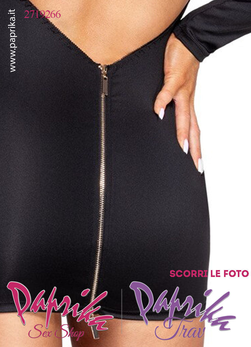 Abito Sexy Corto Aderente Schiena Nuda Maniche Lunghe Cerniera Oro