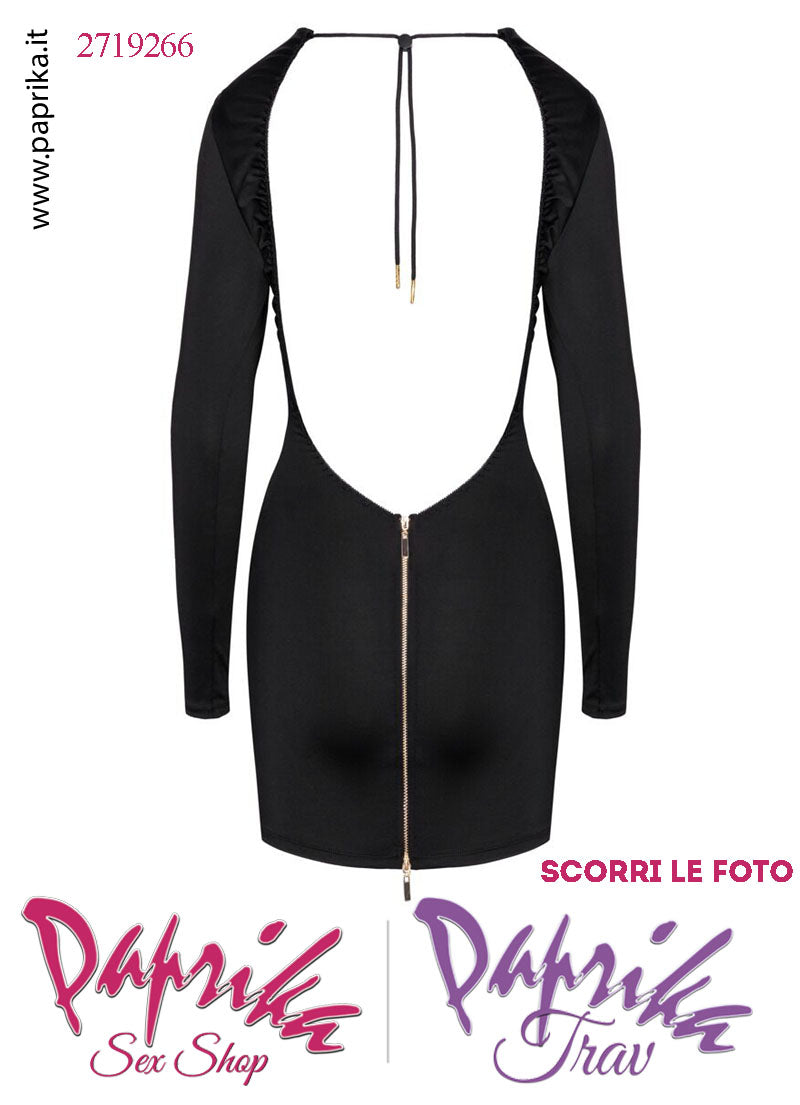 Abito Sexy Corto Aderente Schiena Nuda Maniche Lunghe Cerniera Oro