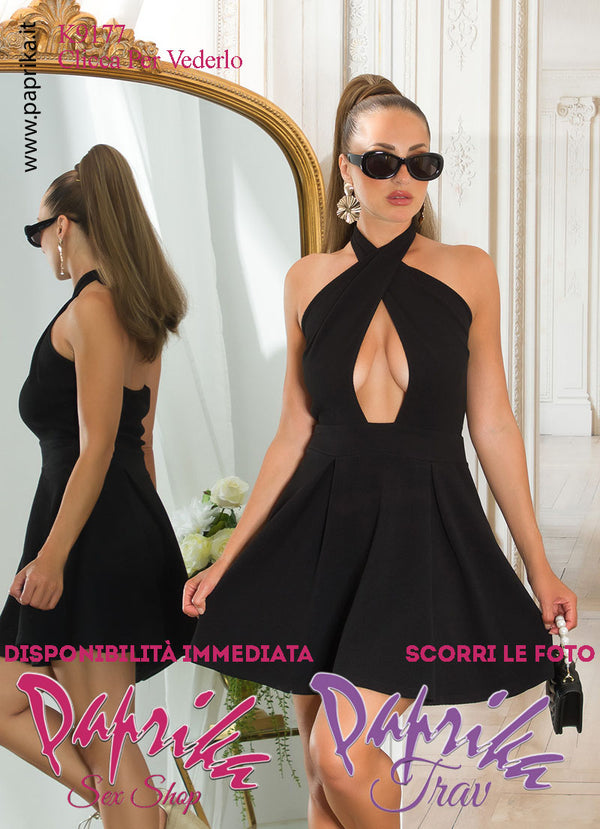 Abito Vestito Svasato Sexy Nero Corto Incrocio Davanti Allacciato Collo