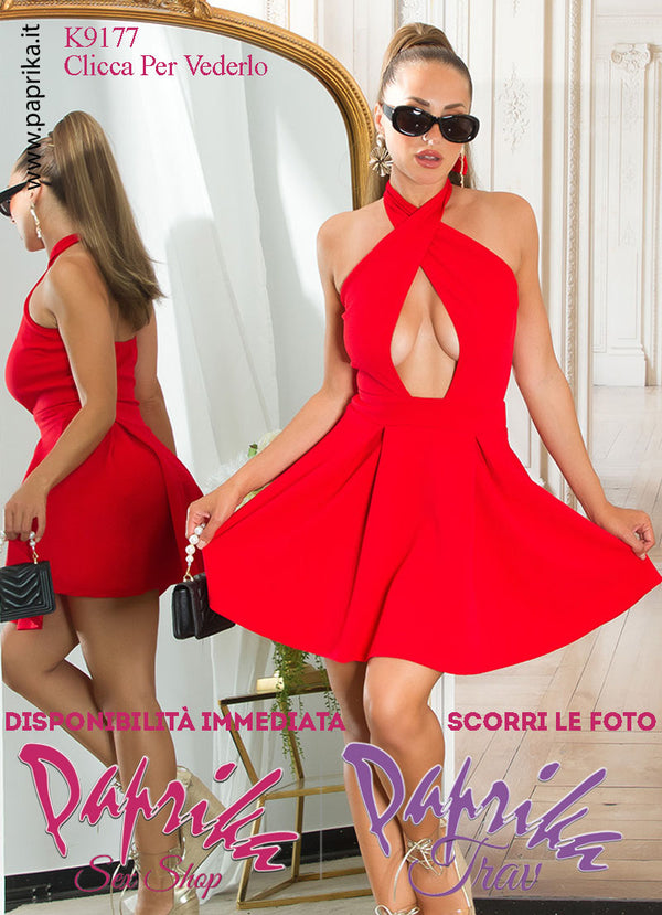 Abito Vestito Svasato Sexy Rosso Corto Incrocio Davanti Allacciato Collo