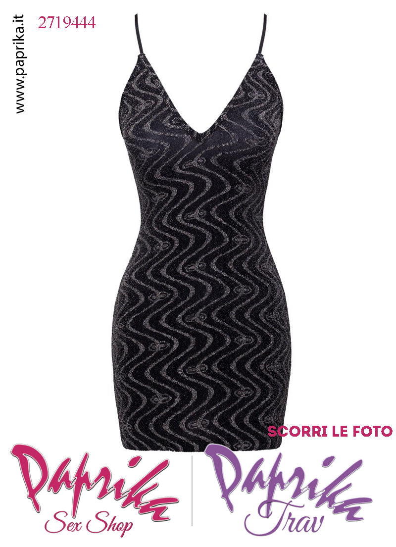 Abito Sexy Corto Aderente Glitterato Zig Zag Ampia Scollatura Spalline Sottili
