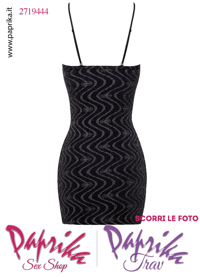 Abito Sexy Corto Aderente Glitterato Zig Zag Ampia Scollatura Spalline Sottili