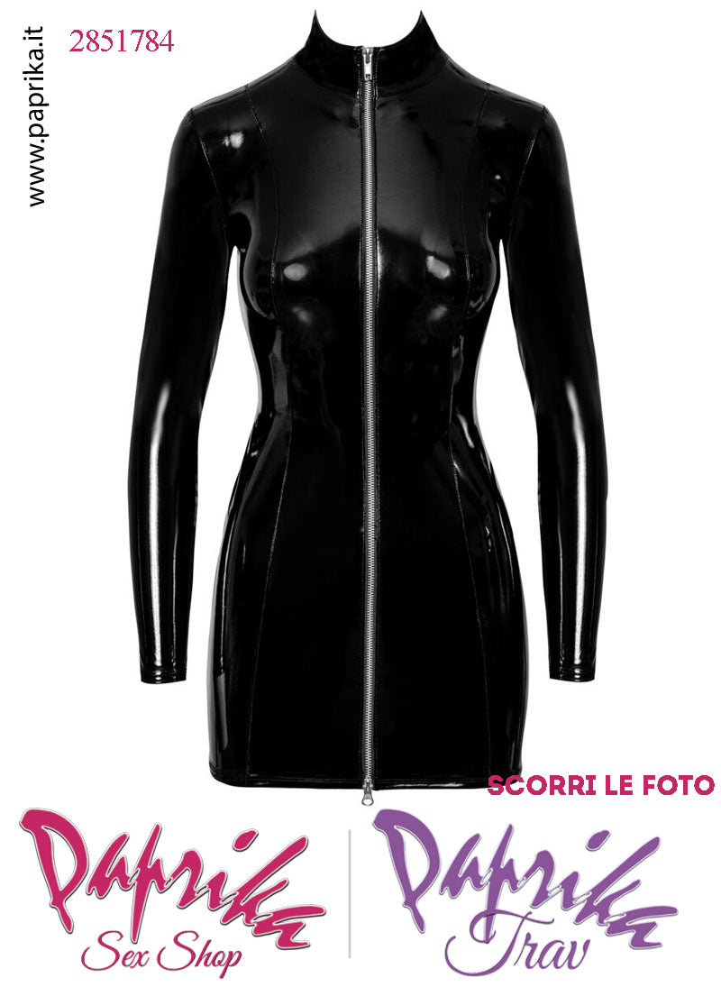 Abito Corto Aderente Fetish Vernice Lucida Nera Cerniera Anteriore 2 Vie