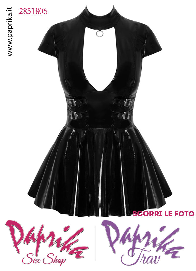 Abito Corto Fetish Vernice Lucida Nero Svasato Cerniera Posteriore Completa