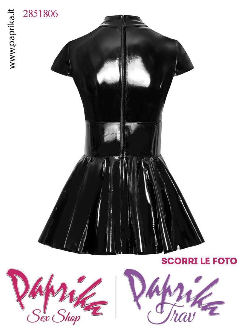 Abito Corto Fetish Vernice Lucida Nero Svasato Cerniera Posteriore Completa