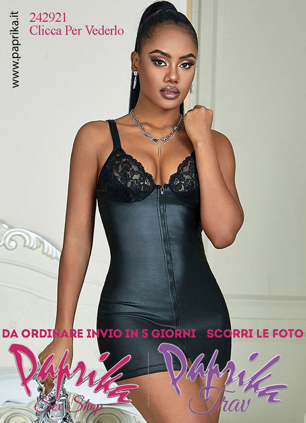 Abito Corto Sexy WetLook Semi Lucido Effetto Bagnato Pizzo Seno Cerniera 2 Vie
