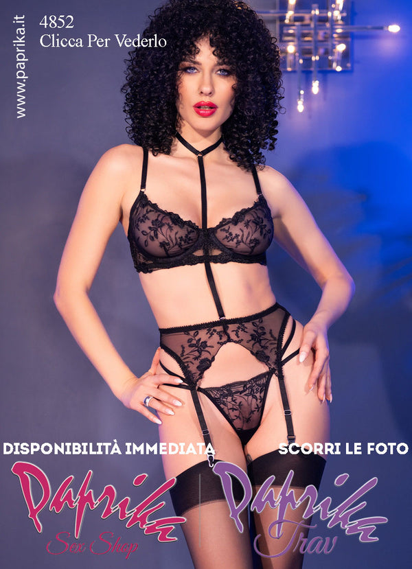 Completino Sexy Pizzo 4 Pezzi Reggiseno Perizoma Reggicalze Calze