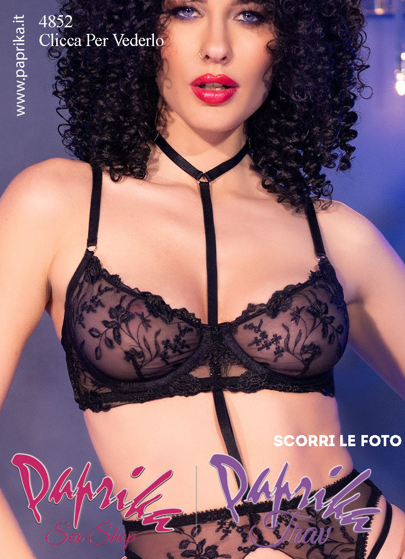 Completino Sexy Pizzo 4 Pezzi Reggiseno Perizoma Reggicalze Calze