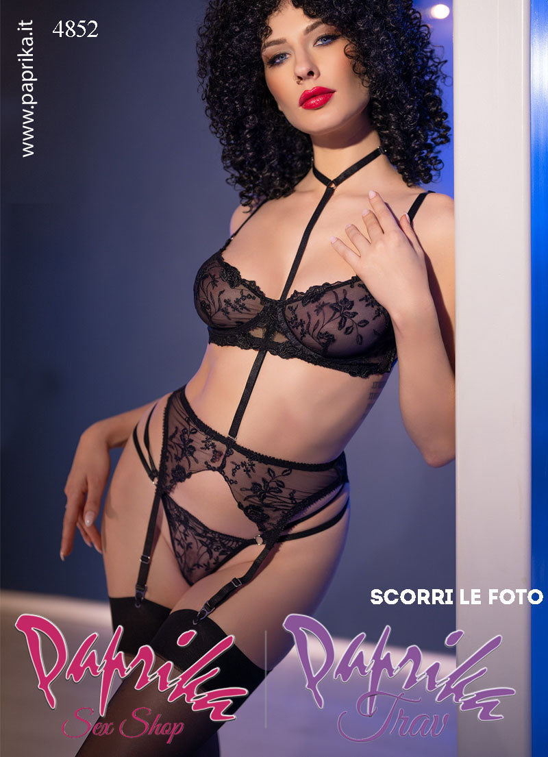 Completino Sexy Pizzo 4 Pezzi Reggiseno Perizoma Reggicalze Calze
