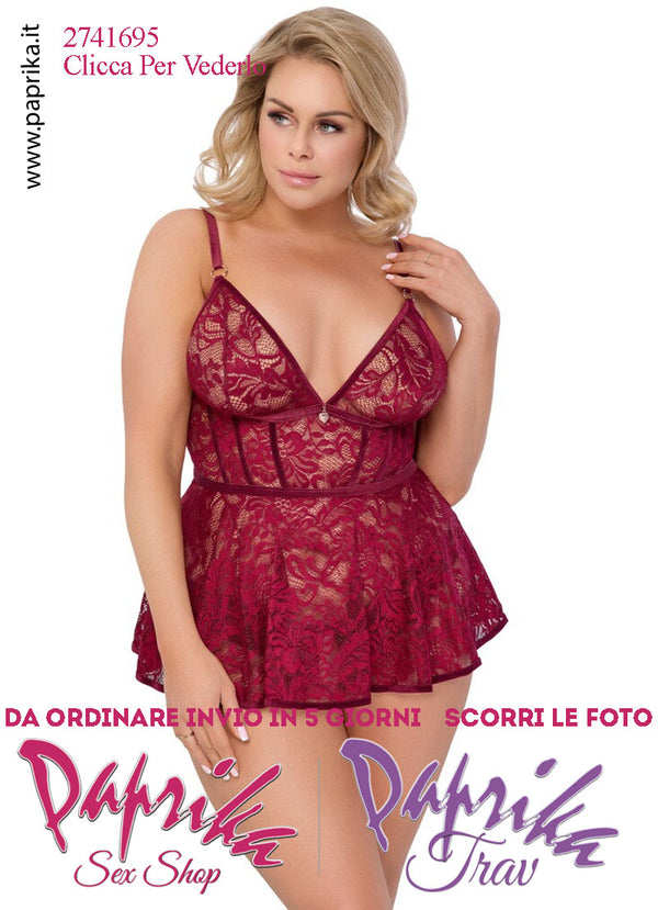 Baby Doll Sexy Curvy XXL Pizzo Slip Aperto Ampia Scollatura Anelli Oro