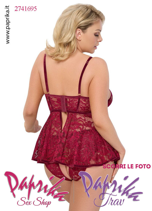 Baby Doll Sexy Curvy XXL Pizzo Slip Aperto Ampia Scollatura Anelli Oro