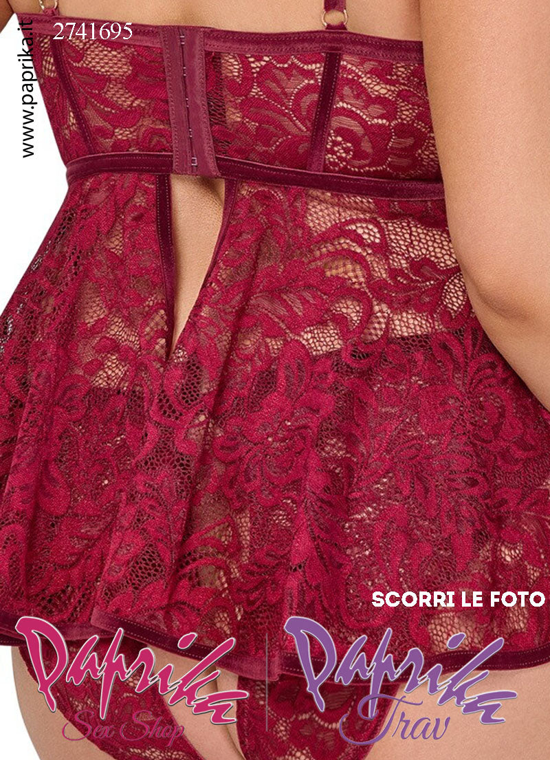 Baby Doll Sexy Curvy XXL Pizzo Slip Aperto Ampia Scollatura Anelli Oro