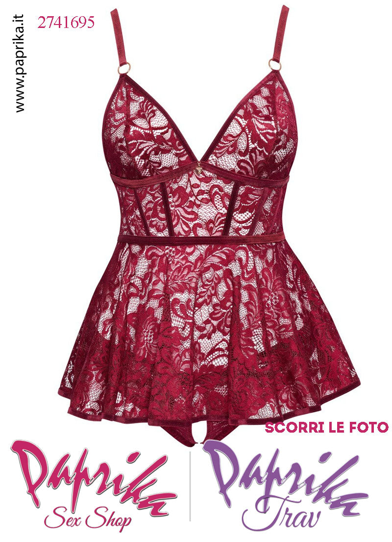Baby Doll Sexy Curvy XXL Pizzo Slip Aperto Ampia Scollatura Anelli Oro