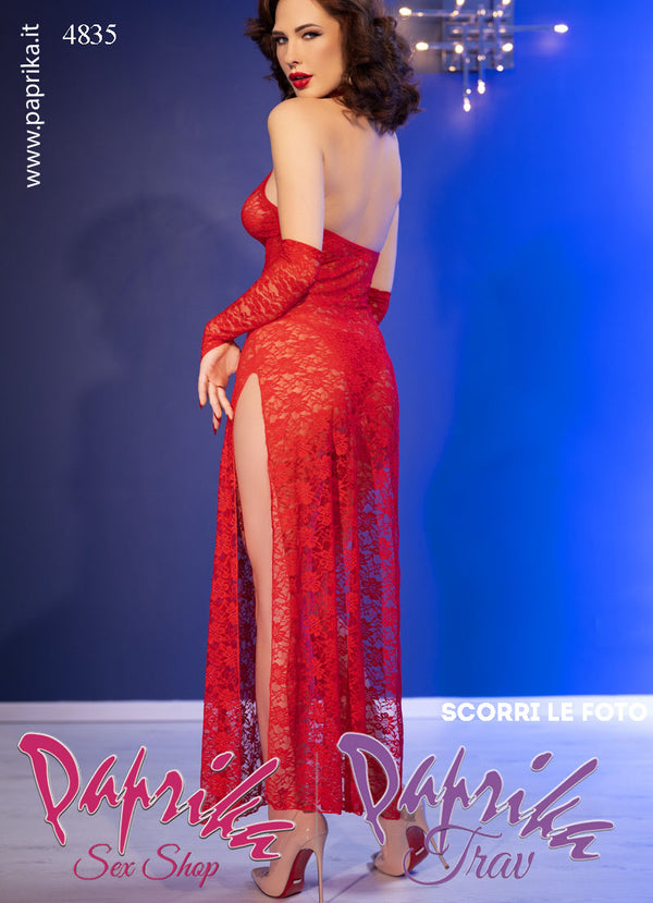 Baby Doll Lungo Négligé Pizzo Rosso Ampio Spacco Laterale Perizoma Guanti