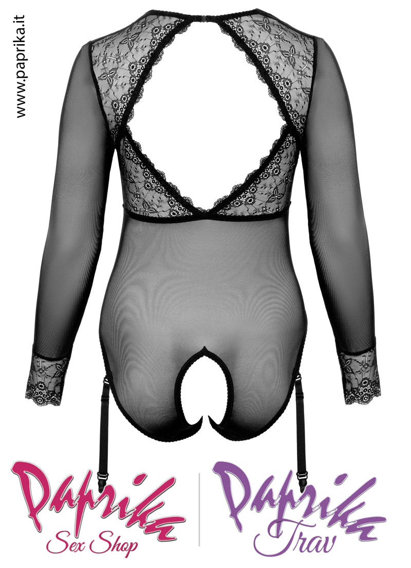 Body Sexy Curvy XXL Pizzo Tulle Apertura Cavallo Maniche Lunghe