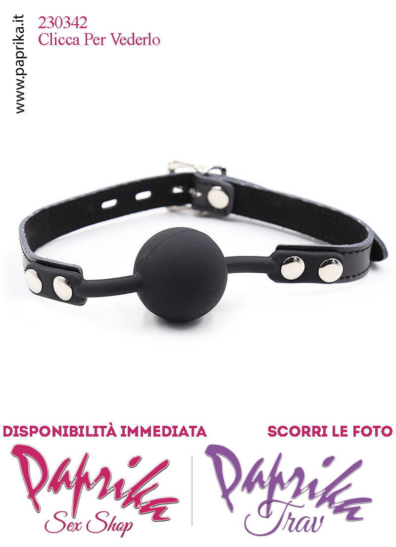 Ball Gag Nera Bocca Pallina Piena Silicone Ø 42 Cinturino EcoPelle Lucchetto Leggero