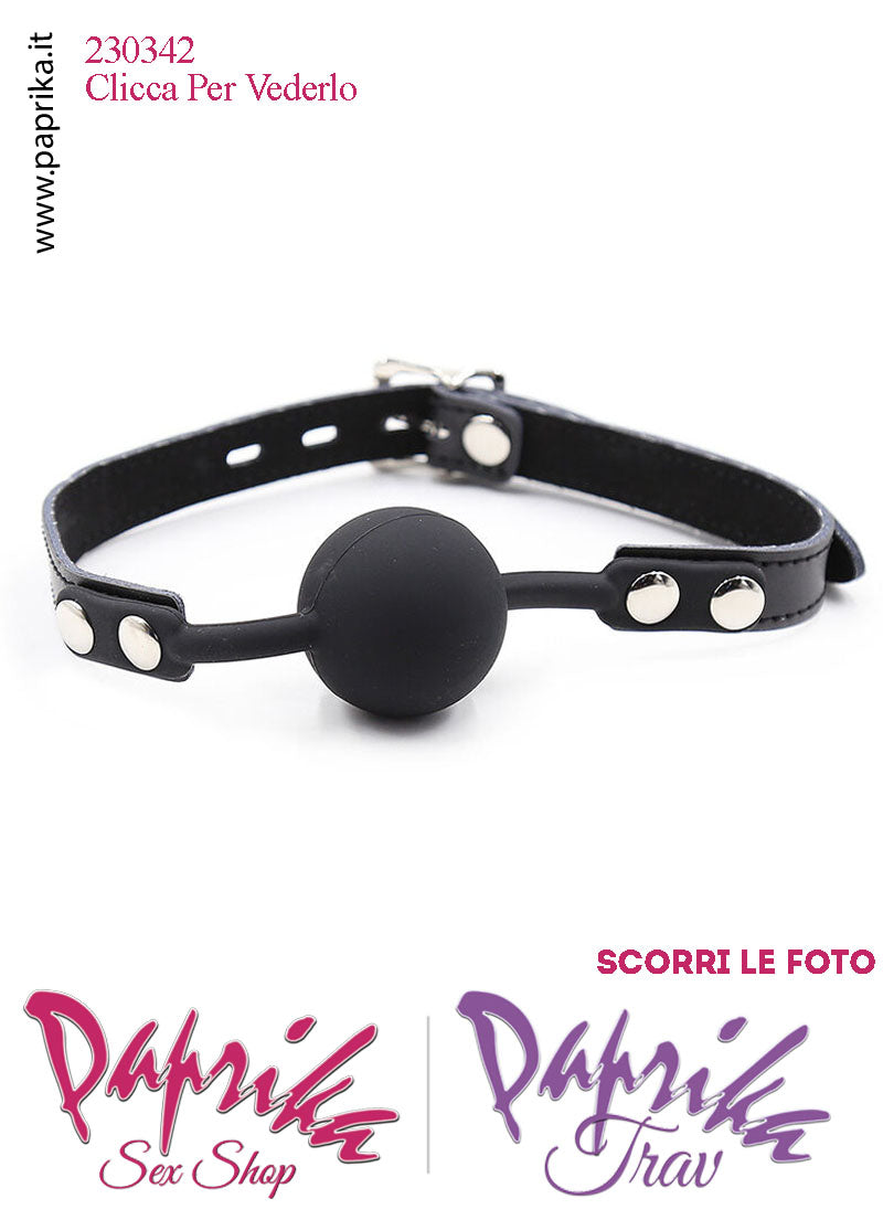 Ball Gag Nera Bocca Pallina Piena Silicone Ø 42 Cinturino EcoPelle Lucchetto Leggero