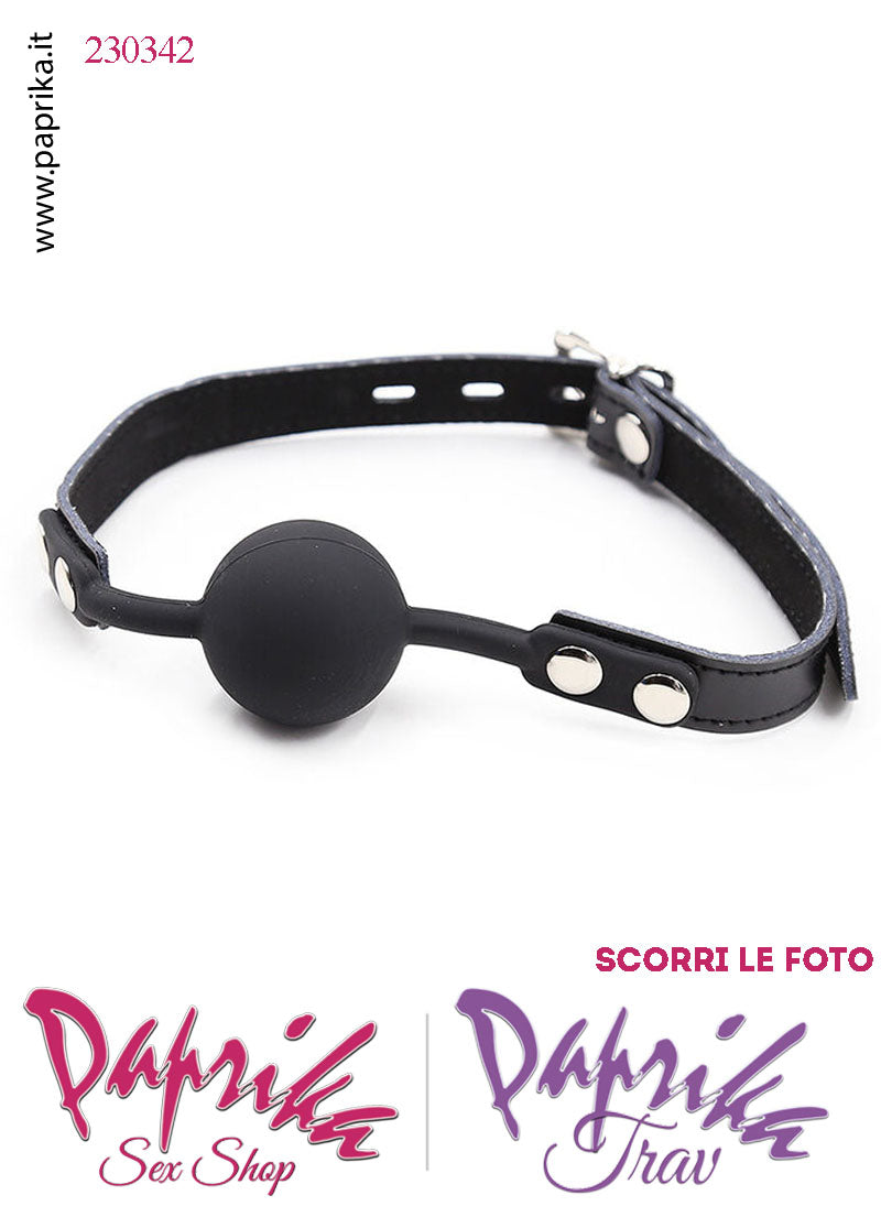 Ball Gag Nera Bocca Pallina Piena Silicone Ø 42 Cinturino EcoPelle Lucchetto Leggero