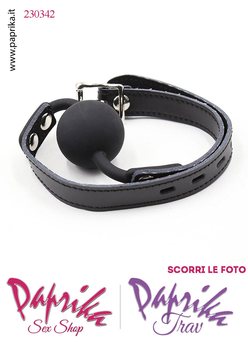 Ball Gag Nera Bocca Pallina Piena Silicone Ø 42 Cinturino EcoPelle Lucchetto Leggero
