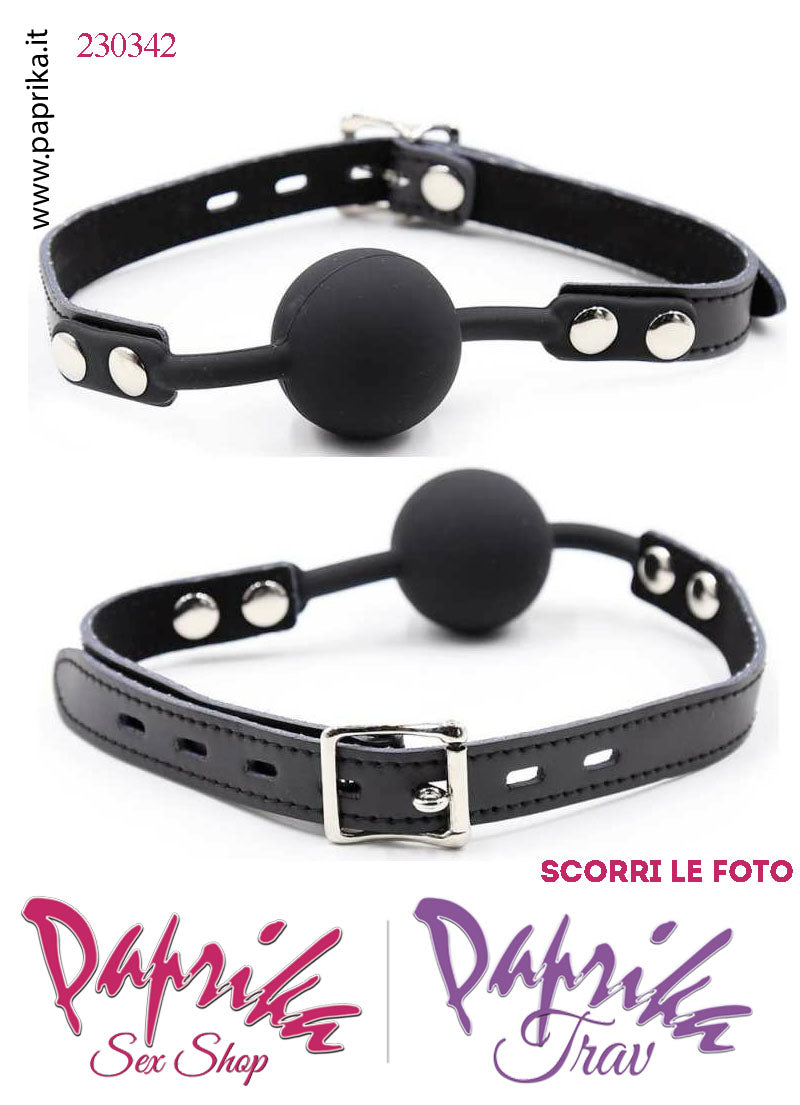 Ball Gag Nera Bocca Pallina Piena Silicone Ø 42 Cinturino EcoPelle Lucchetto Leggero