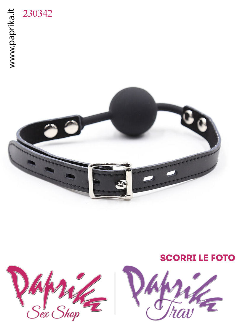 Ball Gag Nera Bocca Pallina Piena Silicone Ø 42 Cinturino EcoPelle Lucchetto Leggero
