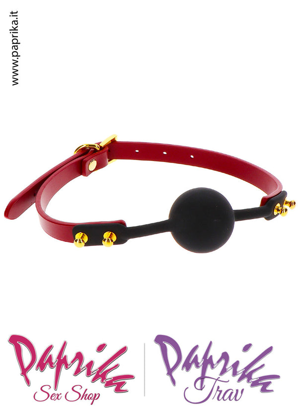 Ball Gag Pallina Silicone Bocca Bdsm Pelle Vegan Borchie Fibbia Oro