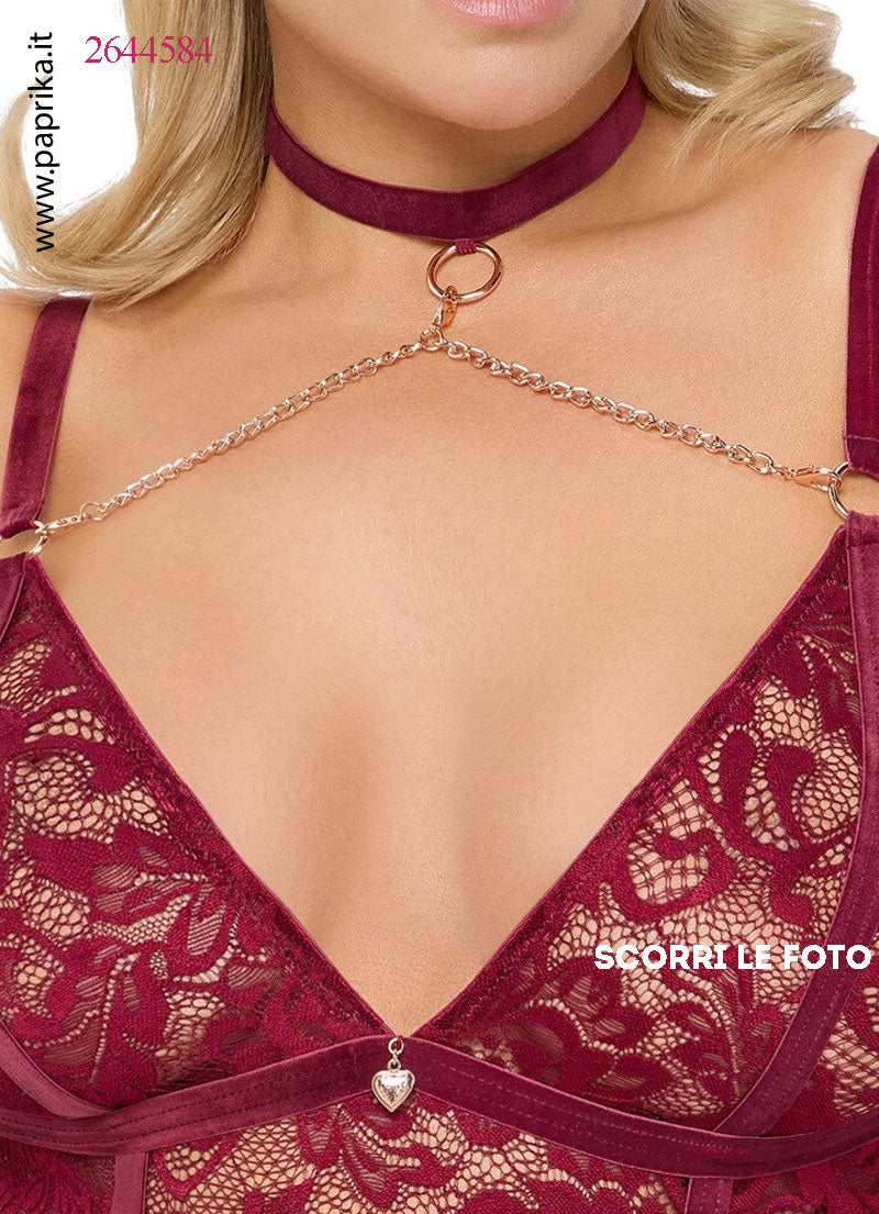 Body Aperto Sexy Curvy XXL Pizzo Colletto Basso Catenelle Oro