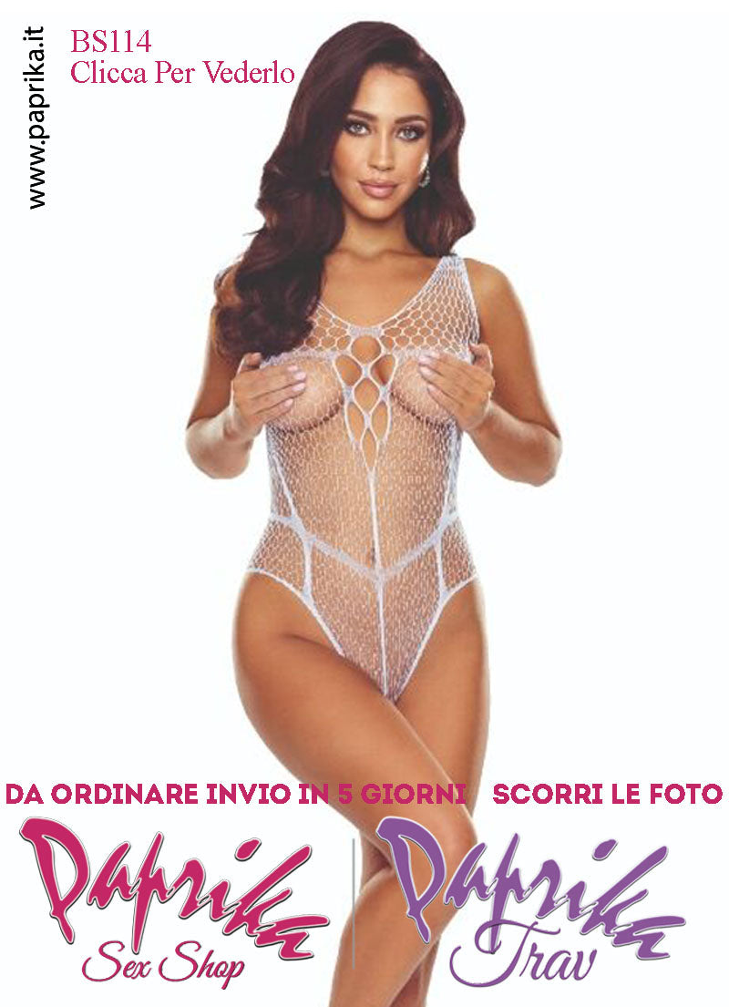Body Sexy Bianco Rete Lavorata Apertura Cavallo Inserto Rete Larga