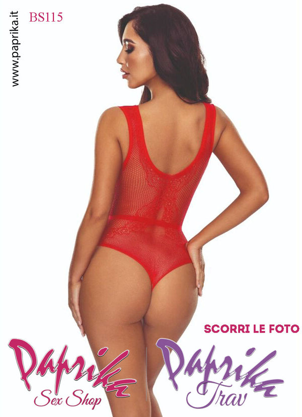 Body Sexy Rosso Rete Lavorata Apertura Cavallo Fiori Disegnati Laterali