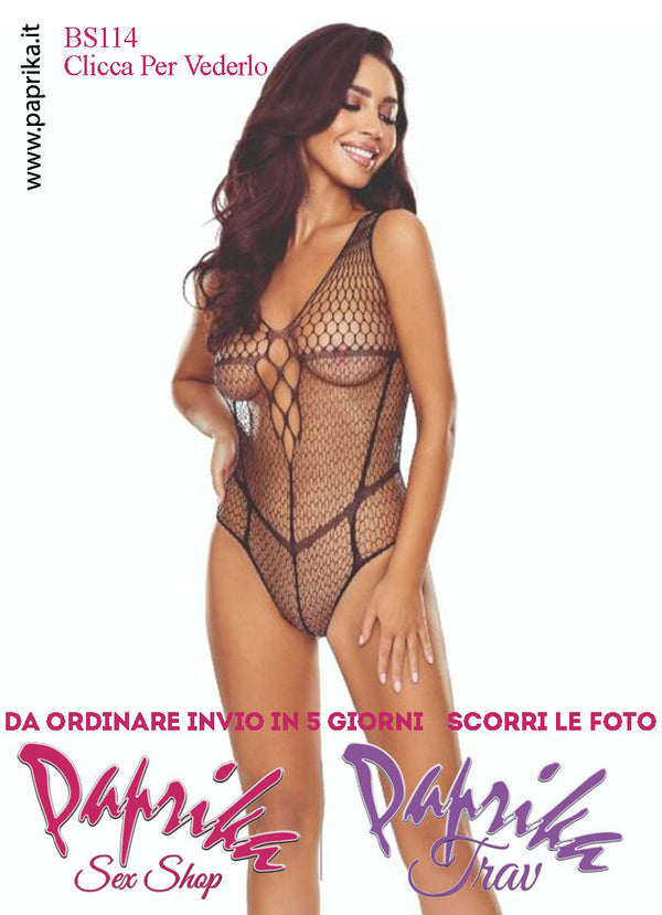 Body Sexy Nero Rete Lavorata Apertura Cavallo Inserto Rete Larga