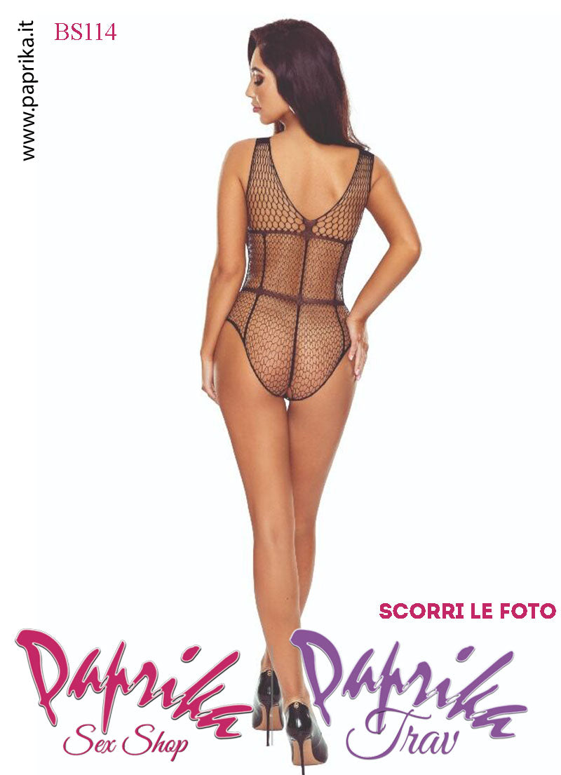 Body Sexy Nero Rete Lavorata Apertura Cavallo Inserto Rete Larga