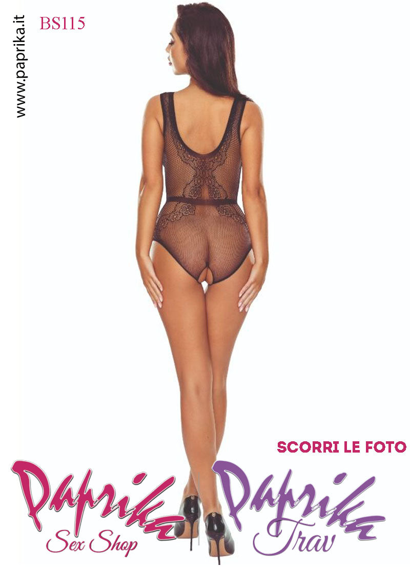 Body Sexy Nero Rete Lavorata Apertura Cavallo Fiori Disegnati Laterali