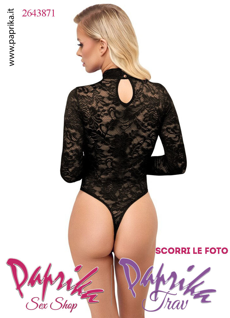 Body Perizoma Chiuso Sexy Pizzo Nero Semi Trasparente Maniche Lunghe