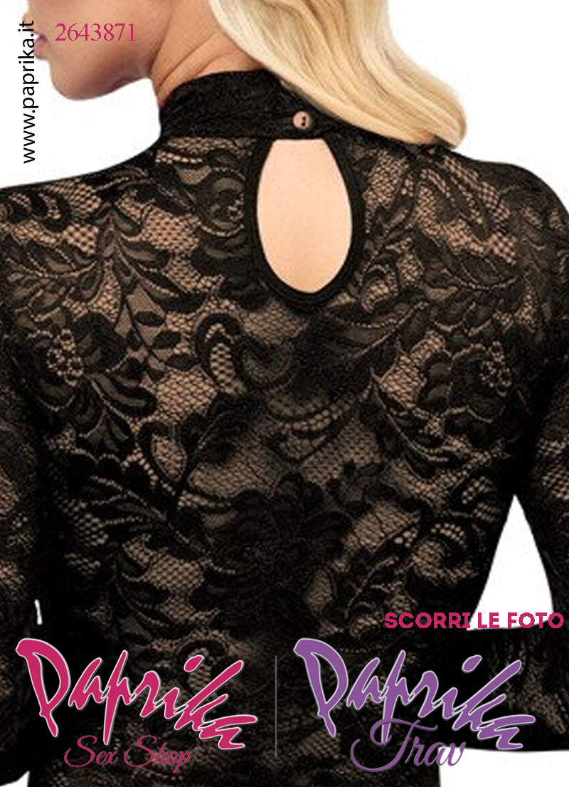 Body Perizoma Chiuso Sexy Pizzo Nero Semi Trasparente Maniche Lunghe