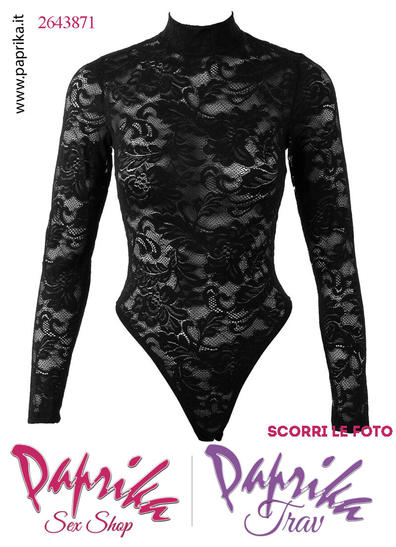 Body Perizoma Chiuso Sexy Pizzo Nero Semi Trasparente Maniche Lunghe