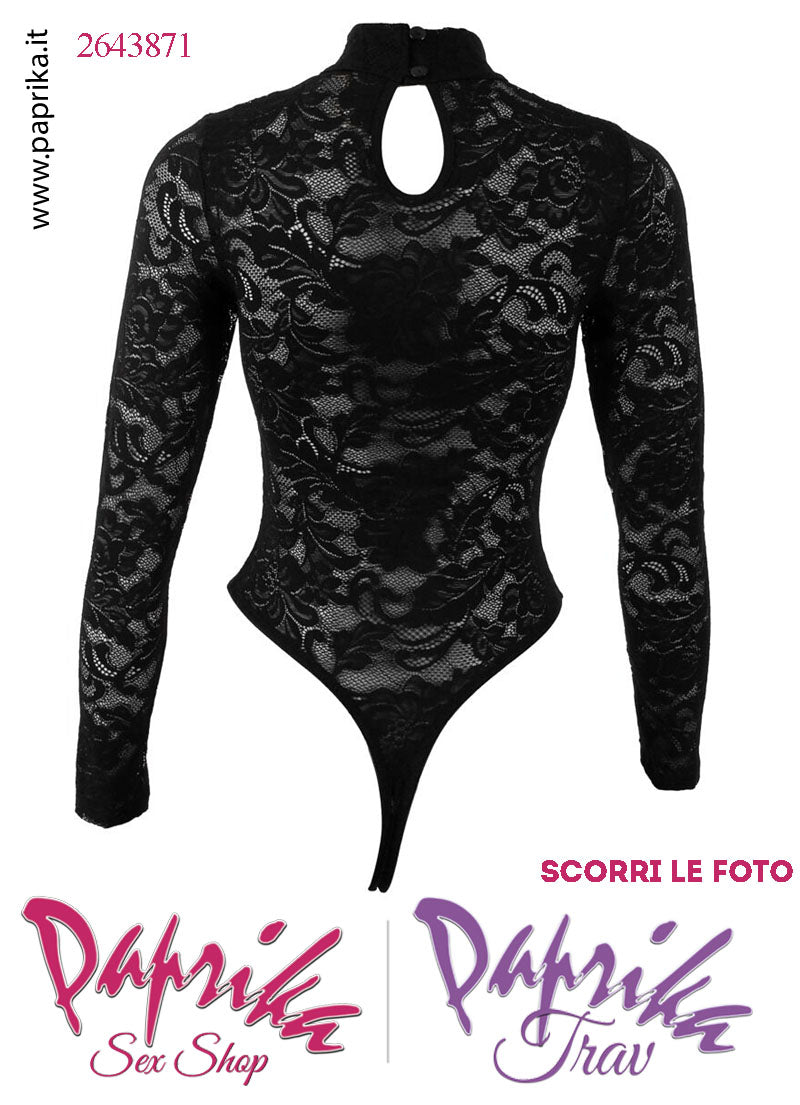 Body Perizoma Chiuso Sexy Pizzo Nero Semi Trasparente Maniche Lunghe