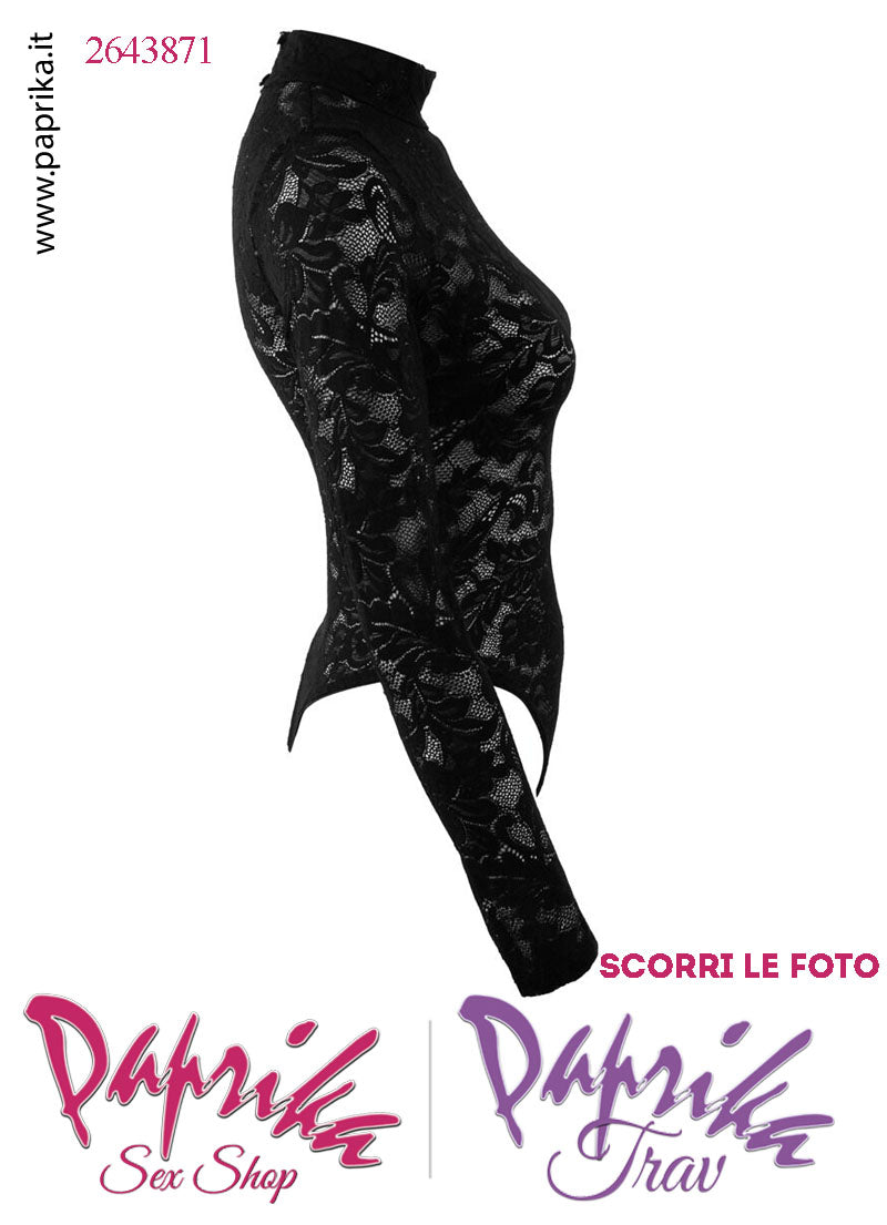 Body Perizoma Chiuso Sexy Pizzo Nero Semi Trasparente Maniche Lunghe