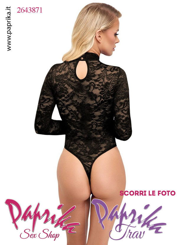 Body Perizoma Chiuso Sexy Pizzo Nero Semi Trasparente Maniche Lunghe