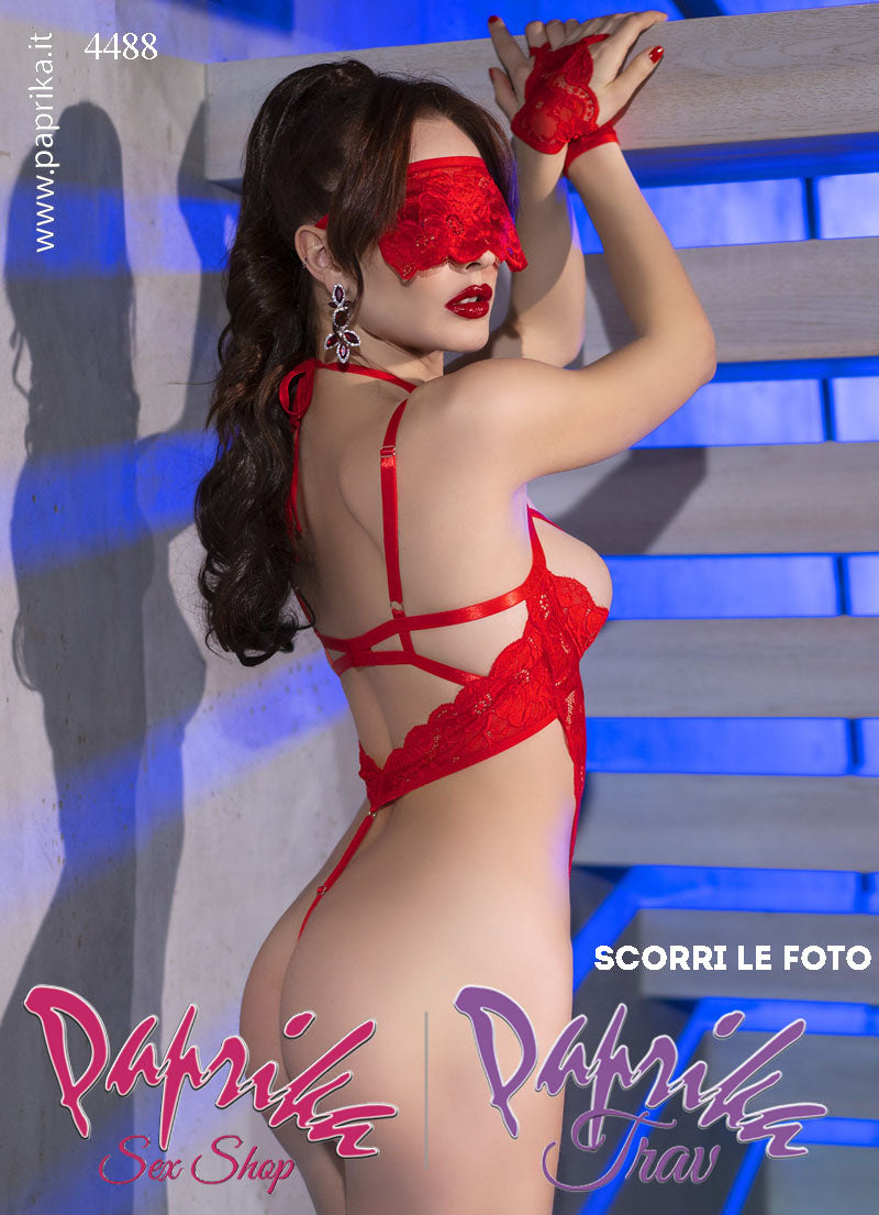 Body Pizzo Rosso Balconcino Aperto Guanti Colletto Mascherina Allacciata