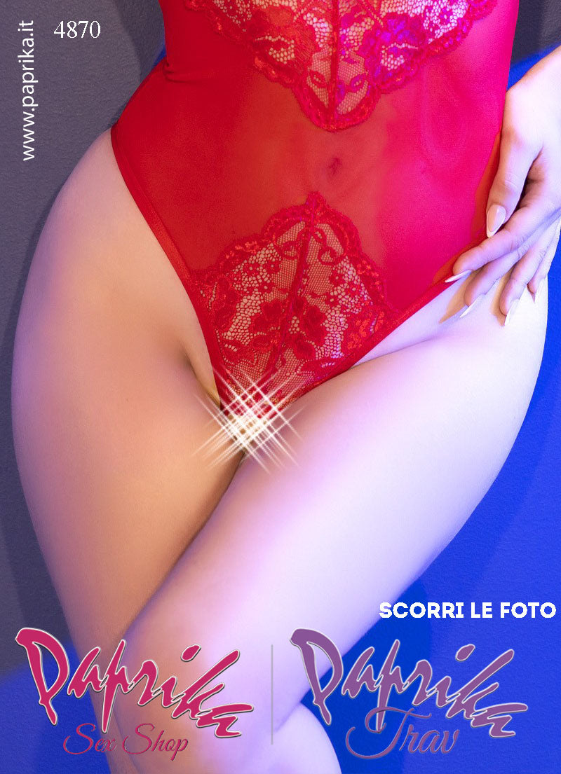 Body Sexy Pizzo Tulle Rosso Apertura Cavallo Ampia Scollatura Schiena Nuda