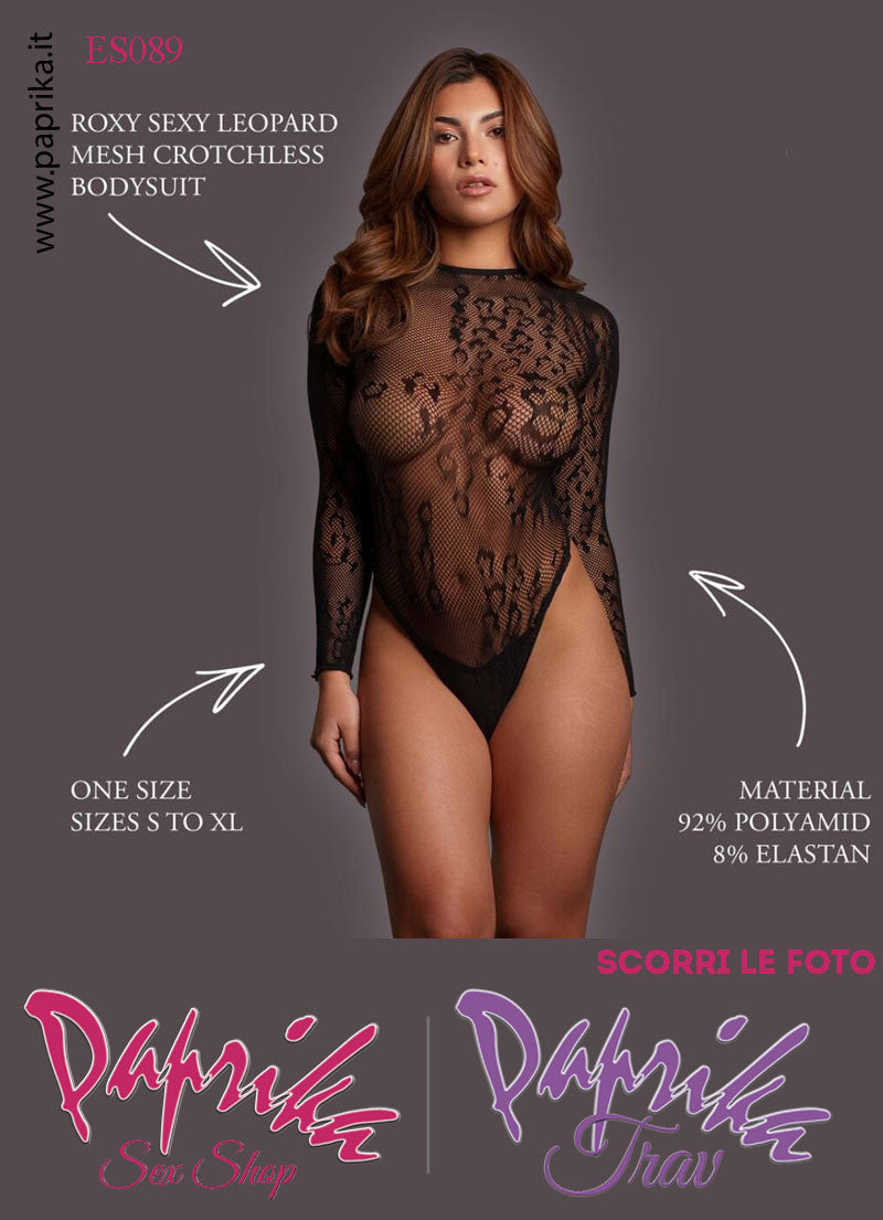 Body Sexy Apertura Cavallo Rete Lavorata Nera Maniche Lunghe