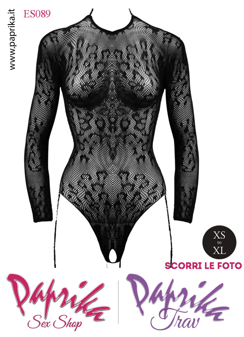 Body Sexy Apertura Cavallo Rete Lavorata Nera Maniche Lunghe